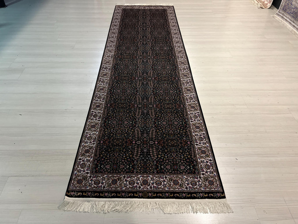 3x10 ft Floral Runner Rug, Black Garden Field, Ivory Border, Turkish Hallway Decor