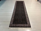 3x10 ft Floral Runner Rug, Black Garden Field, Ivory Border, Turkish Hallway Decor