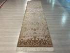 3x10 ft Modal Silk Beige Floral Runner, Turkish Style Hallway Rug