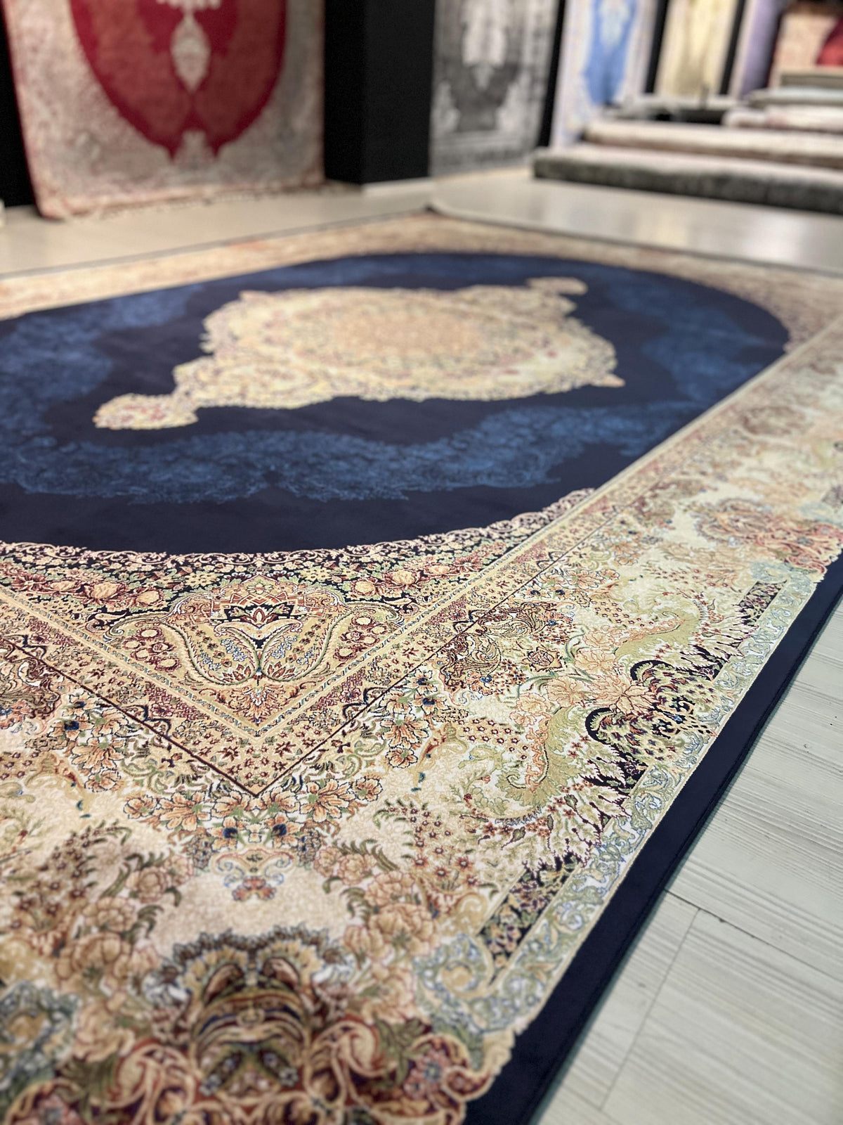 7x10ft Navy Medallion Rug, Large Oriental Carpet, Luxury Living Room Rug, Classic Palace Rug