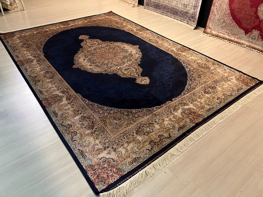 7x10ft Navy Medallion Rug, Large Oriental Carpet, Luxury Living Room Rug, Classic Palace Rug