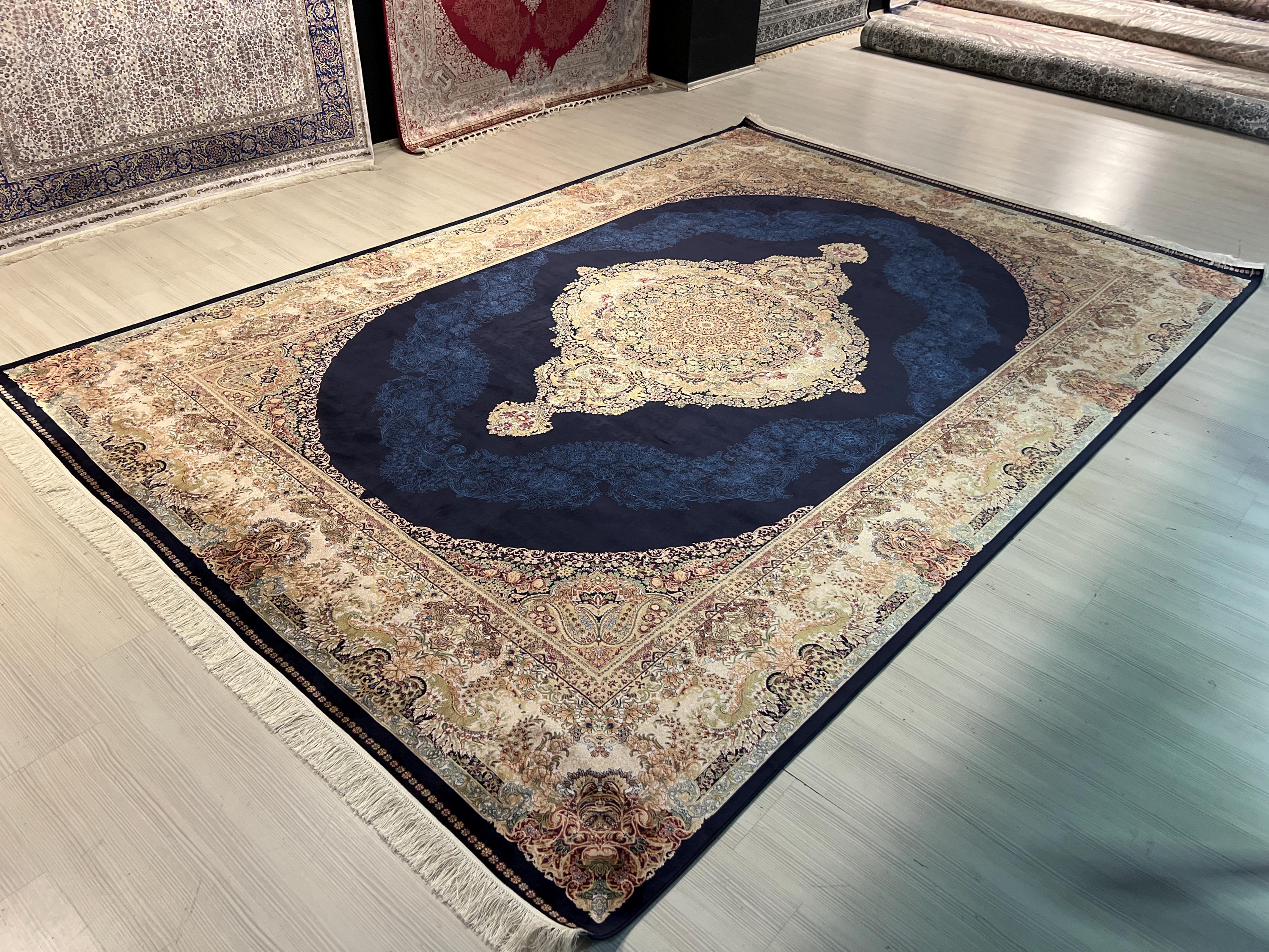 7x10ft Navy Medallion Rug, Large Oriental Carpet, Luxury Living Room Rug, Classic Palace Rug