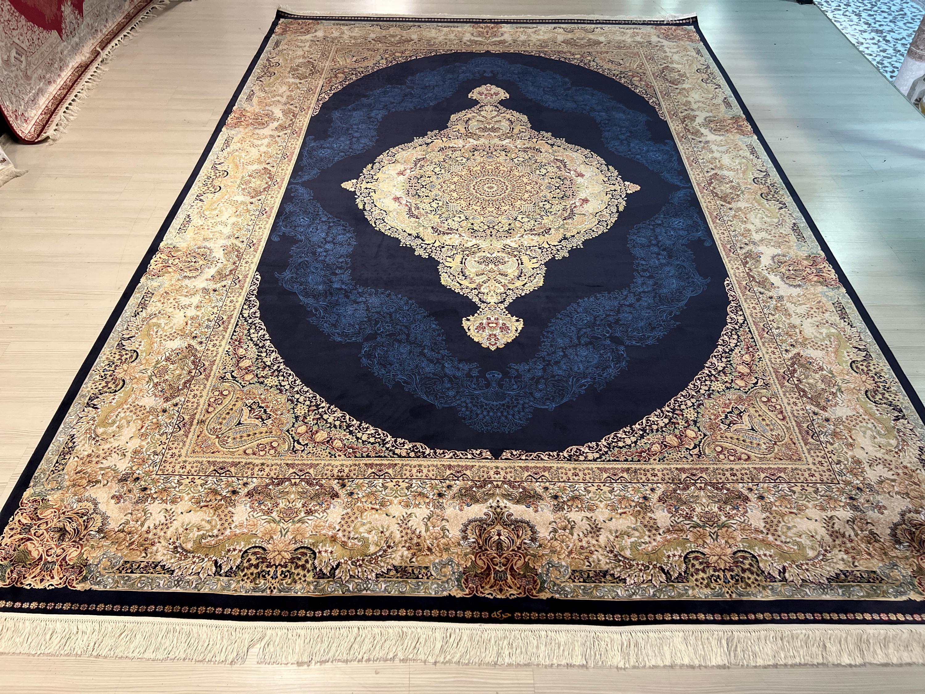 8x11 Modal Silk Medallion Rug in Gold Blue, Classic Oriental Area Rug