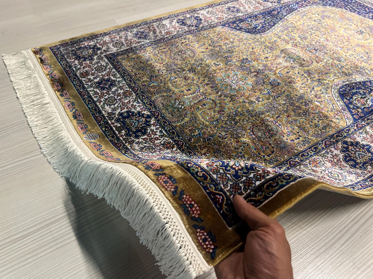 Gold Silk Prayer Rug, Elegant Floral Mihrab Accent Rug for Home Decor
