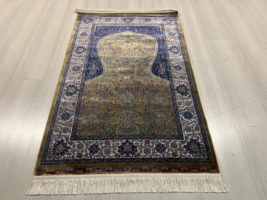 Gold Silk Prayer Rug, Elegant Floral Mihrab Accent Rug for Home Decor