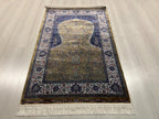 Gold Silk Prayer Rug, Elegant Floral Mihrab Accent Rug for Home Decor