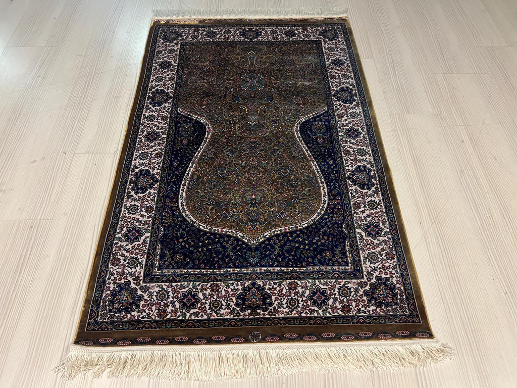 Gold Silk Prayer Rug, Elegant Floral Mihrab Accent Rug for Home Decor