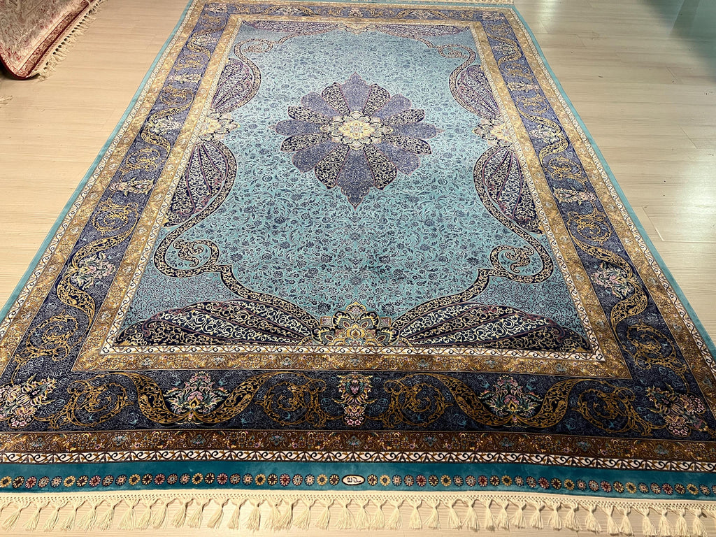 7x10 ft Turquoise Blue Modal Silk Floral Medallion Rug, Traditional Living Room Carpet