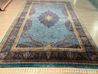 7x10 ft Turquoise Blue Modal Silk Floral Medallion Rug, Traditional Living Room Carpet