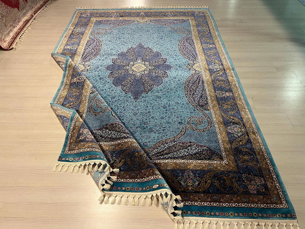 7x10 ft Turquoise Blue Modal Silk Floral Medallion Rug, Traditional Living Room Carpet