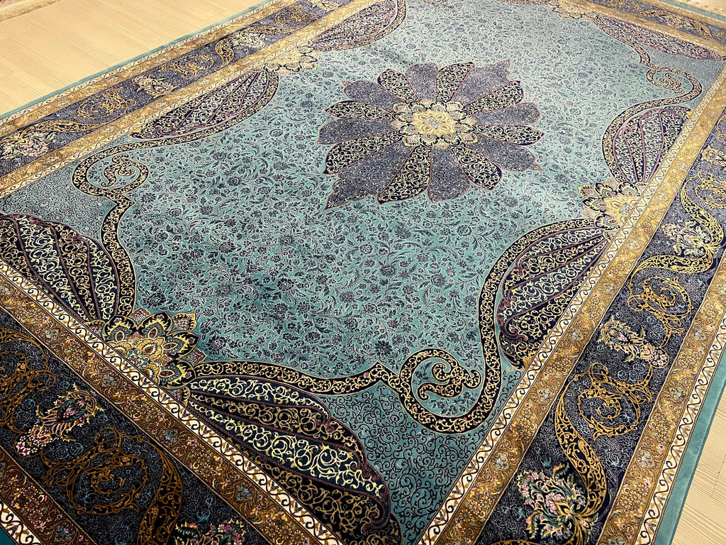 7x10 ft Turquoise Blue Modal Silk Floral Medallion Rug, Traditional Living Room Carpet
