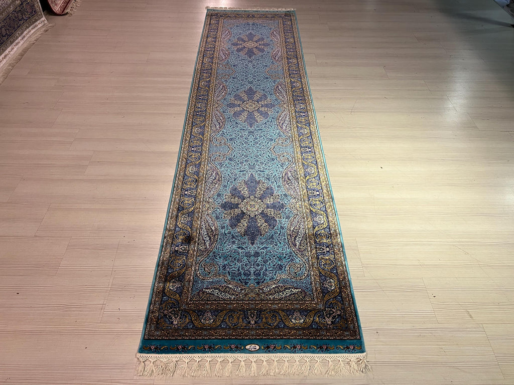 3x10 ft Turquoise Modal Silk Runner Rug, Medallion Floral Design Turkish Style Hallway Rug