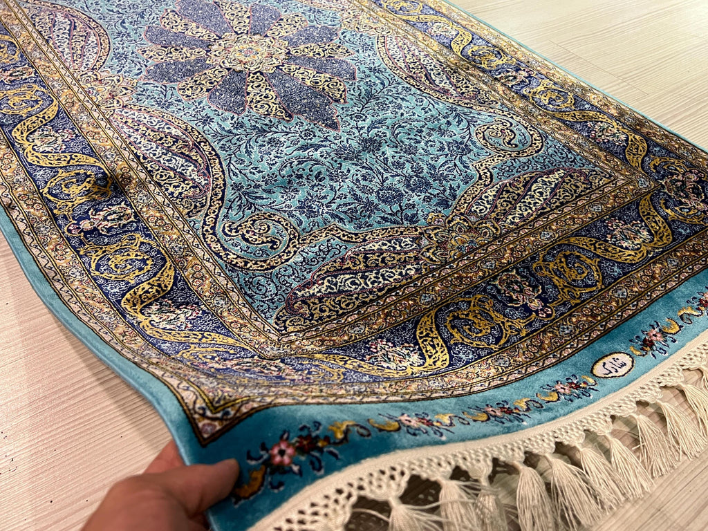 Turquoise Runner Rug, Modal Silk Runner, Turkish Medallion Floral Design Hallway Carpet