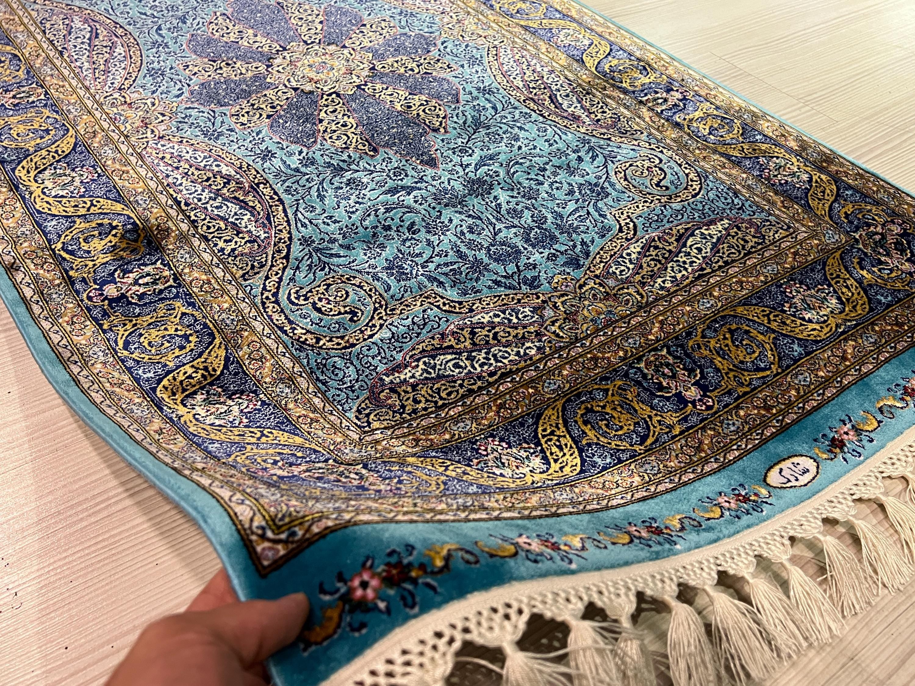Turquoise Runner Rug, Modal Silk Runner, Turkish Medallion Floral Design Hallway Carpet
