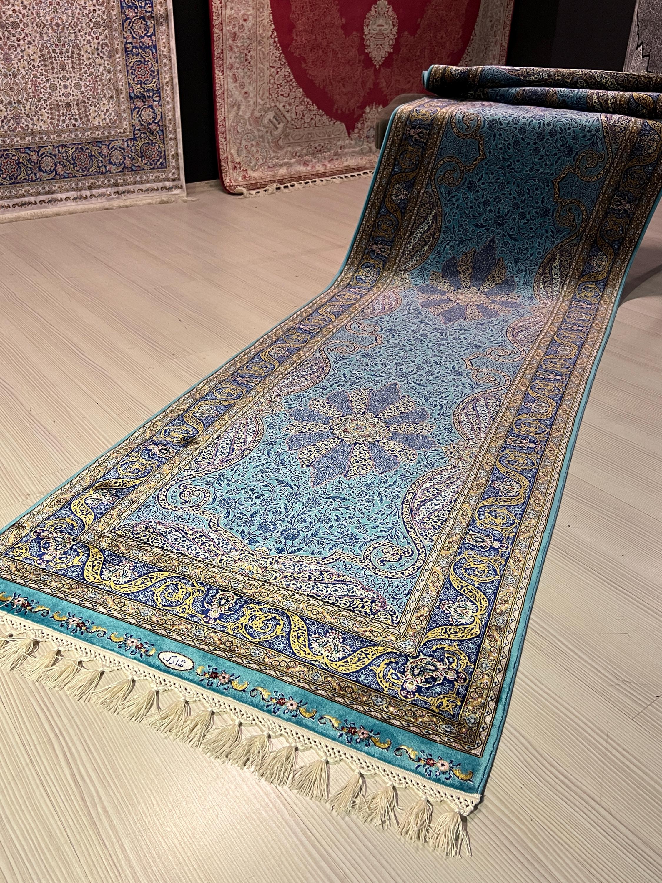 3x10 ft Turquoise Modal Silk Runner Rug, Medallion Floral Design Turkish Style Hallway Rug