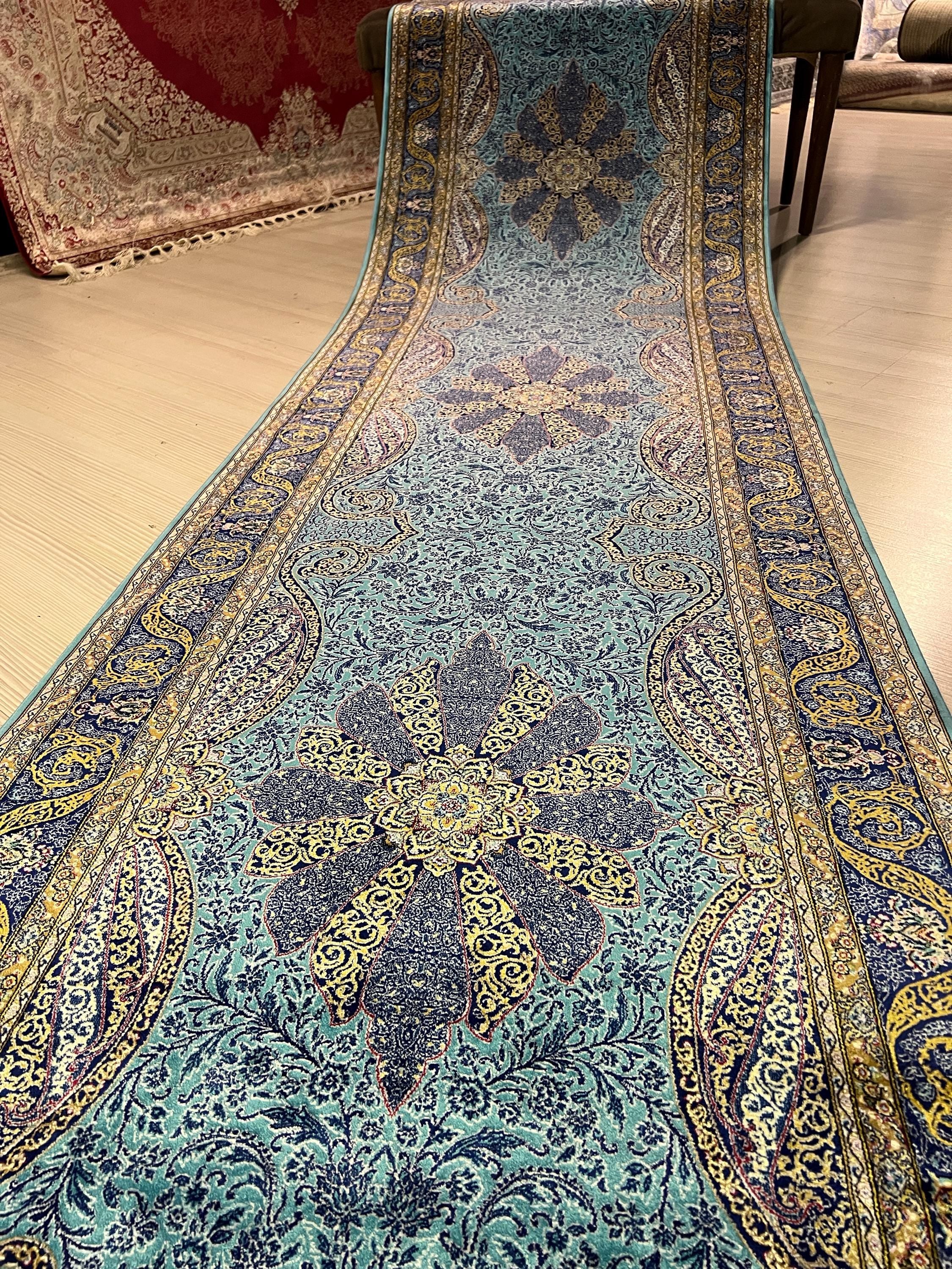 3x10 ft Turquoise Modal Silk Runner Rug, Medallion Floral Design Turkish Style Hallway Rug