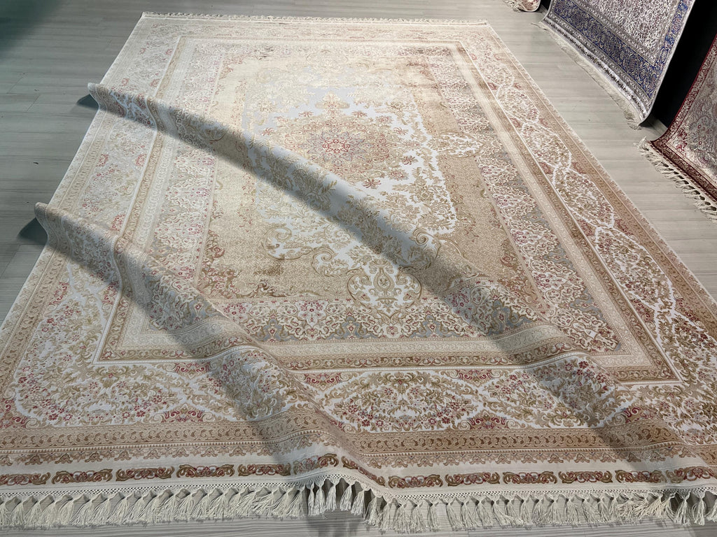 8x11 ft Ivory Bamboo Silk Rug, Large Area Rug, Floral Medallion Living Room Carpet
