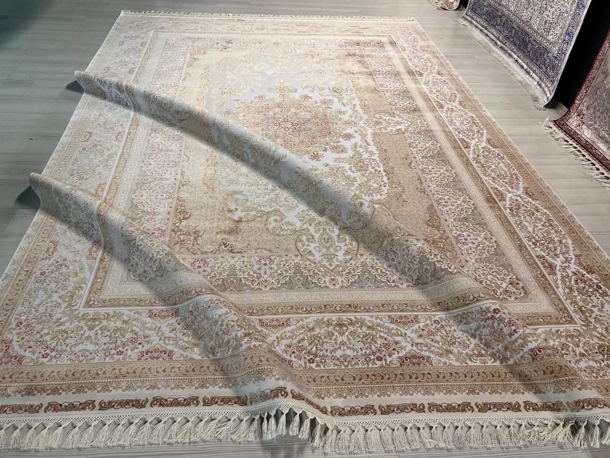 10x13 ft Beige Turkish Modal Silk Rug , Classic Floral Luxury Area Carpet