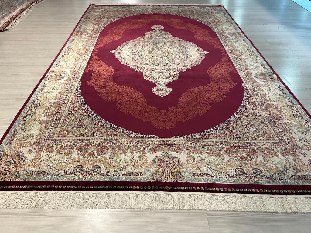 8x11 Turkish Modal Silk Rug, Burgundy Medallion Carpet, Luxury Classic Living Room
