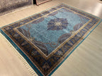 7x10 ft Turquoise Blue Modal Silk Floral Medallion Rug, Traditional Living Room Carpet