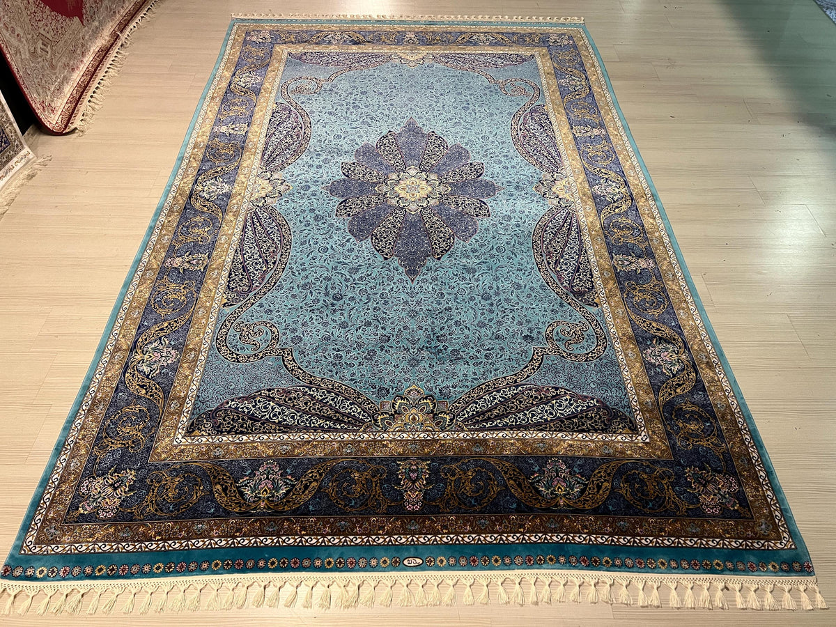 7x10 ft Turquoise Blue Modal Silk Floral Medallion Rug, Traditional Living Room Carpet