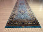 3x10 ft Turquoise Modal Silk Runner Rug, Medallion Floral Design Turkish Style Hallway Rug