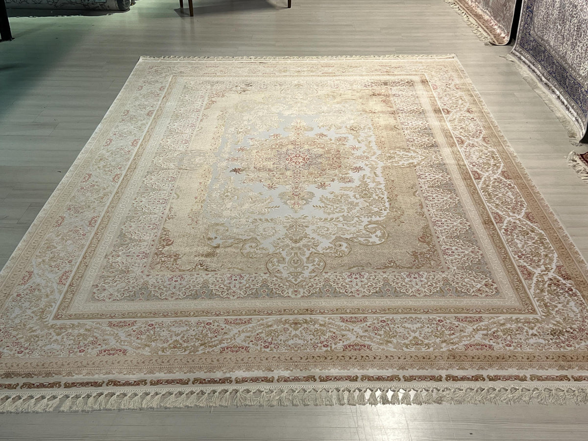 10x13 ft Beige Turkish Modal Silk Rug , Classic Floral Luxury Area Carpet