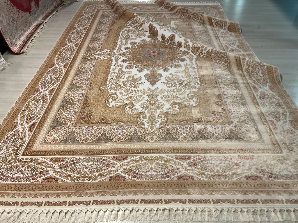 8x11 ft Ivory Bamboo Silk Rug, Large Area Rug, Floral Medallion Living Room Carpet