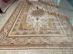 8x11 ft Ivory Bamboo Silk Rug, Large Area Rug, Floral Medallion Living Room Carpet