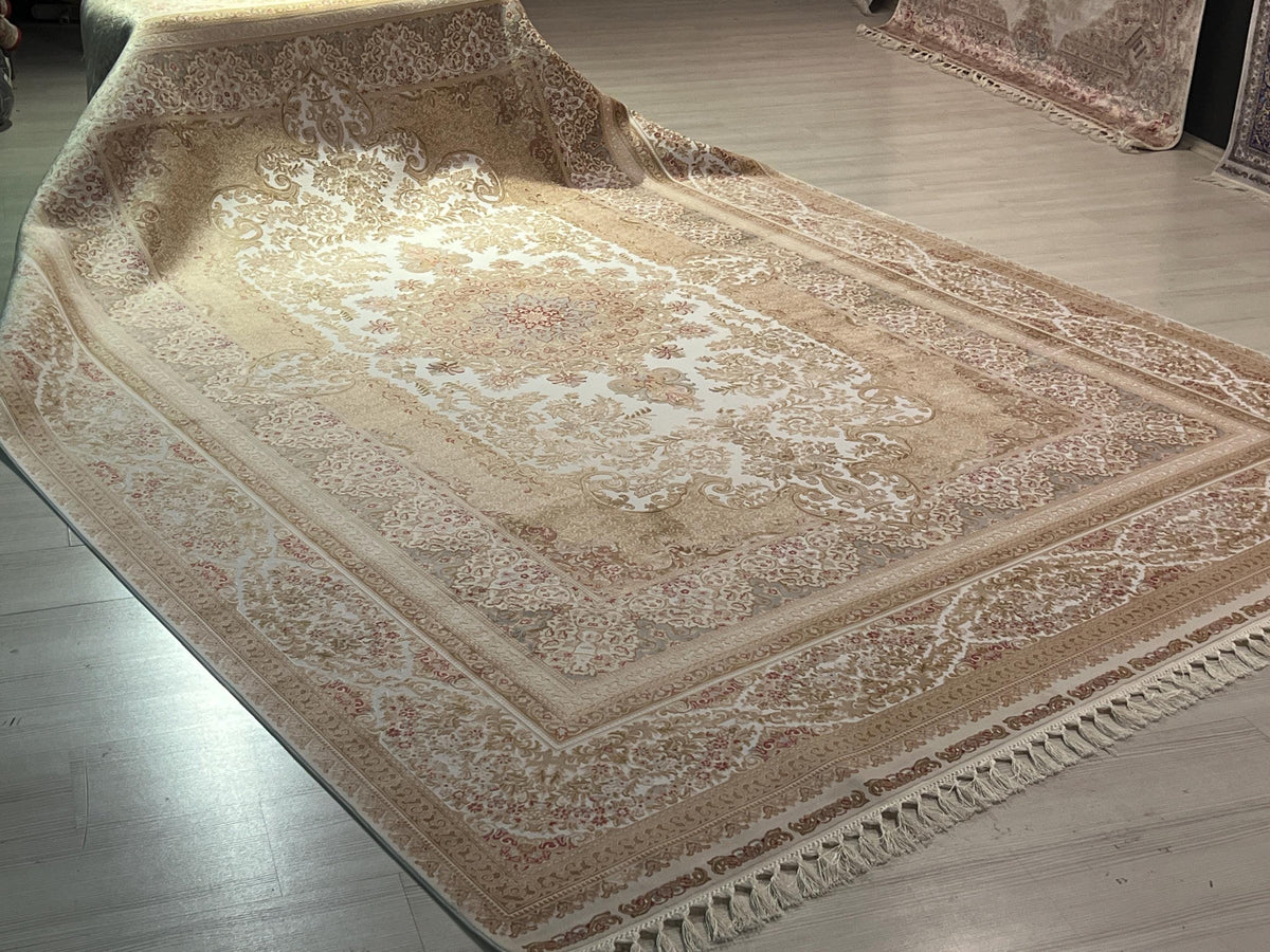 10x13 ft Beige Turkish Modal Silk Rug , Classic Floral Luxury Area Carpet