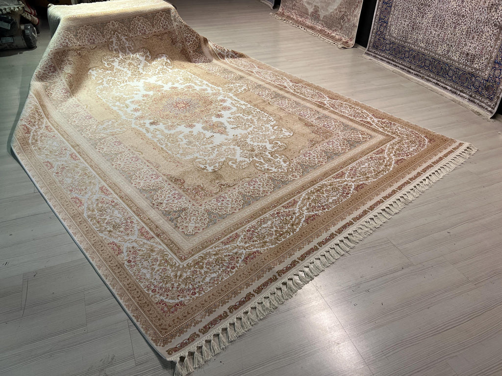 10x13 ft Beige Turkish Modal Silk Rug , Classic Floral Luxury Area Carpet