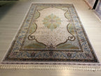 7x10 ft Green Ivory Floral MedallionSilk  Rug, Luxury Living Room Rug