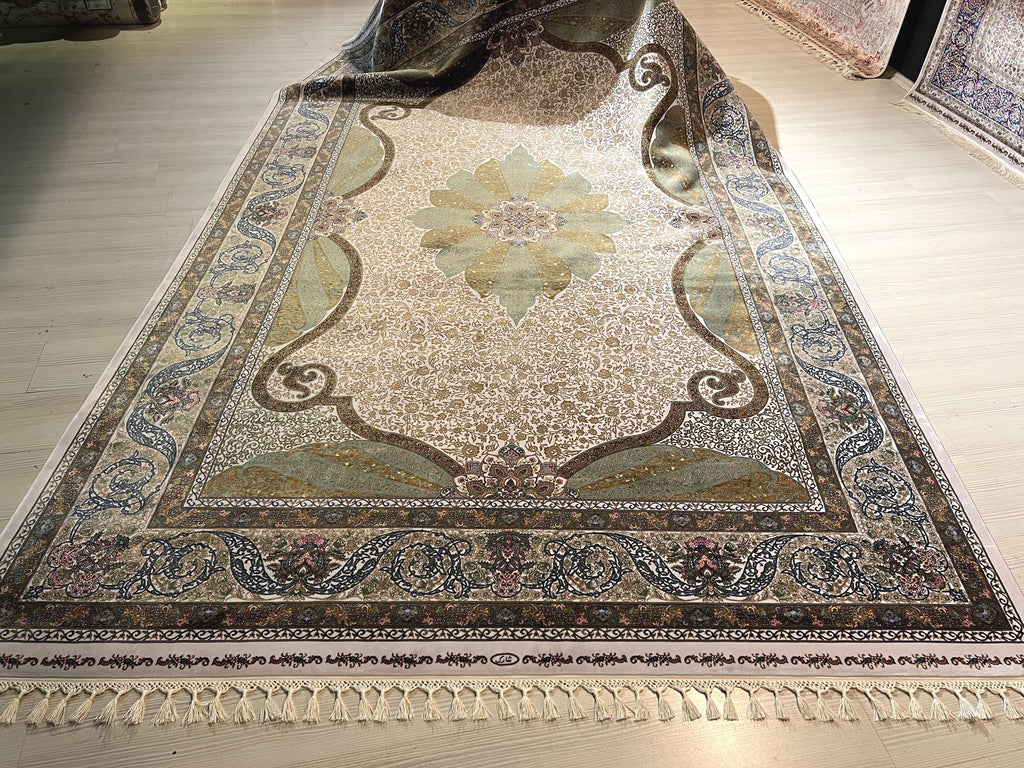 7x10 ft Green Ivory Floral MedallionSilk  Rug, Luxury Living Room Rug