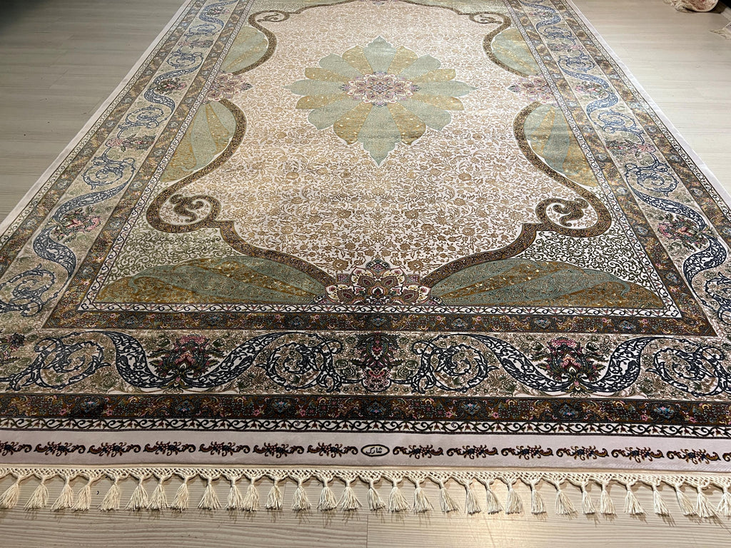 7x10 ft Green Ivory Floral MedallionSilk  Rug, Luxury Living Room Rug