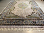 7x10 ft Green Ivory Floral MedallionSilk  Rug, Luxury Living Room Rug