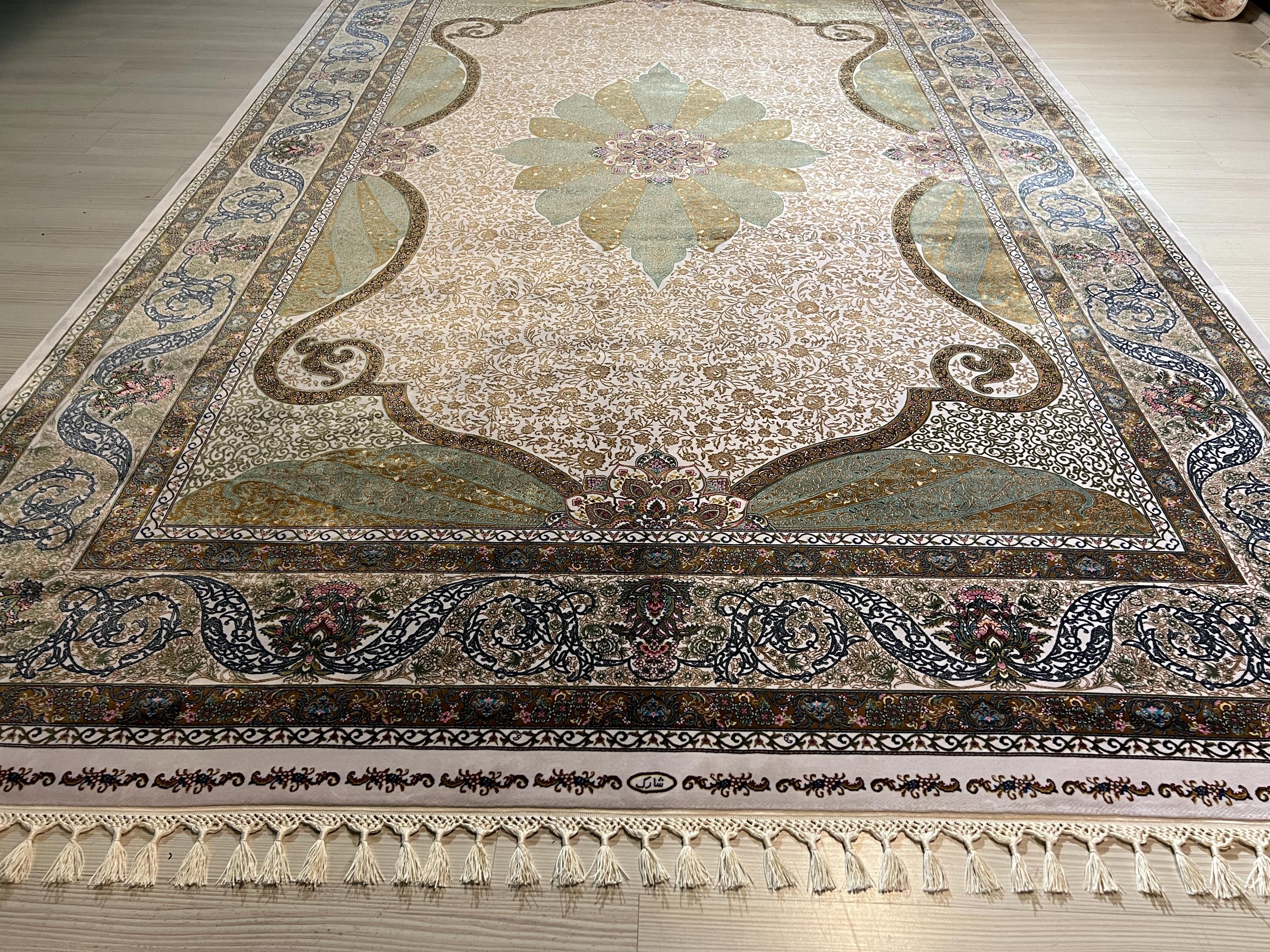 7x10 ft Green Ivory Floral MedallionSilk  Rug, Luxury Living Room Rug