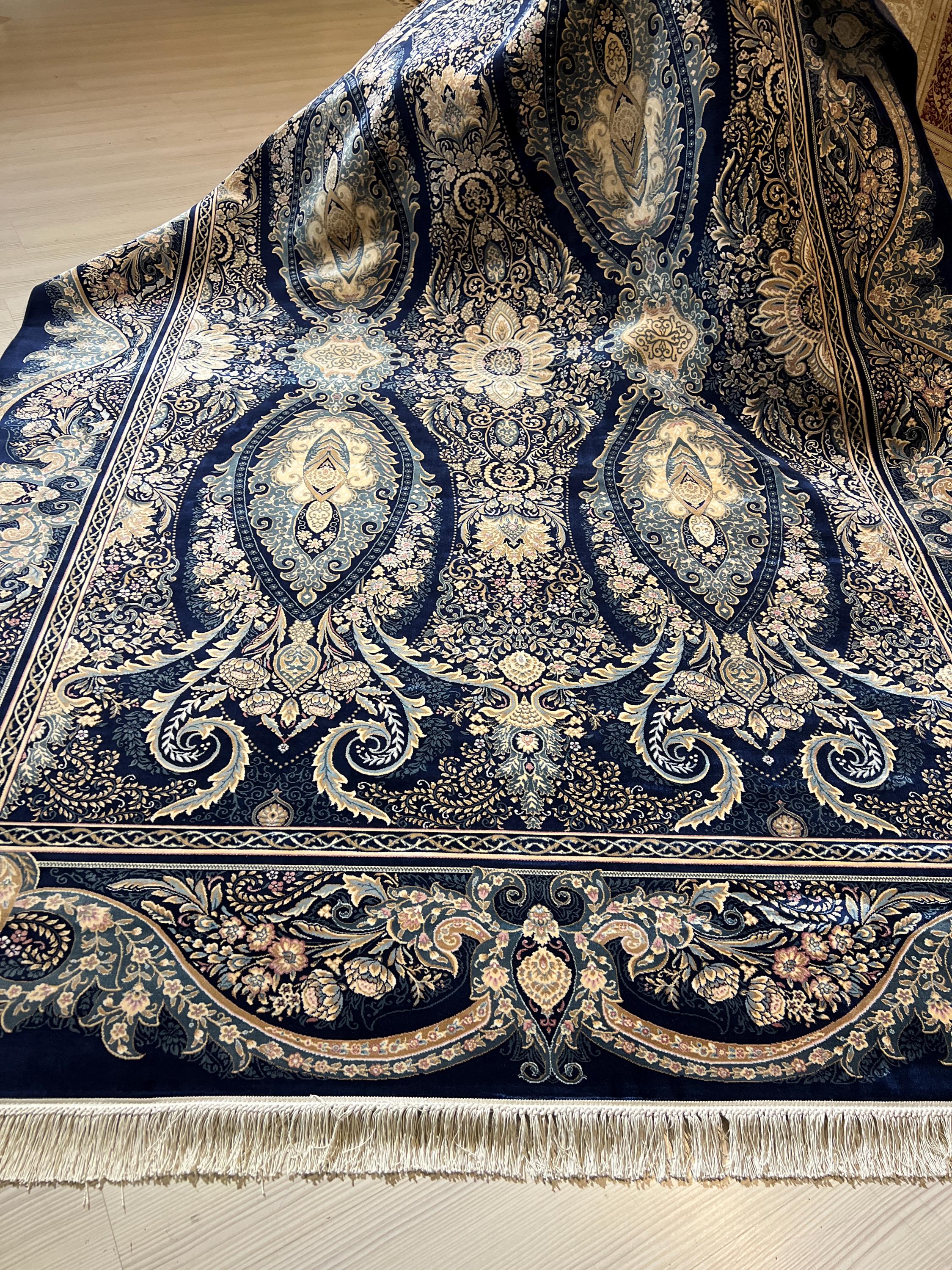 7x10 ft Modal Silk Paisley Floral Rug, Navy Blue Traditional Living Room Carpet