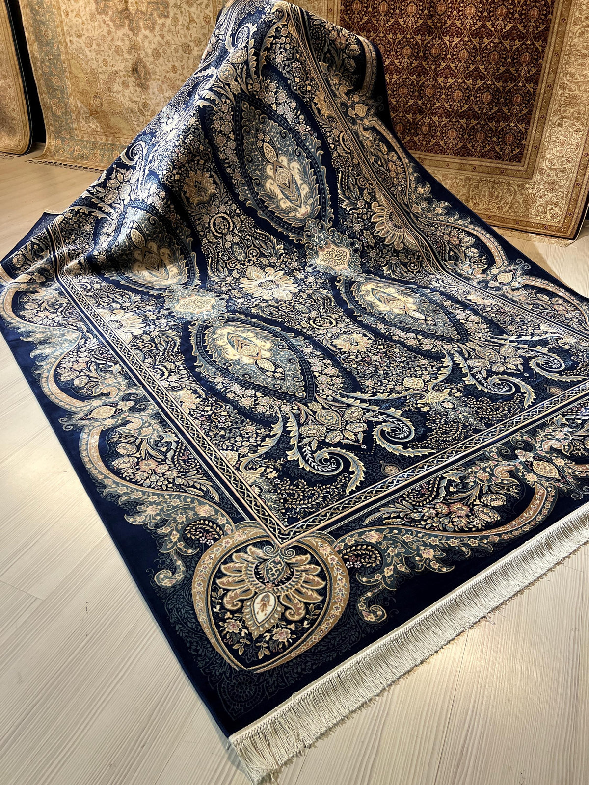 7x10 ft Modal Silk Paisley Floral Rug, Navy Blue Traditional Living Room Carpet
