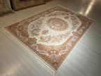 8x11 ft Ivory Floral Modal Silk Rug, Turkish Area Rug, Luxury Living Room Carpet