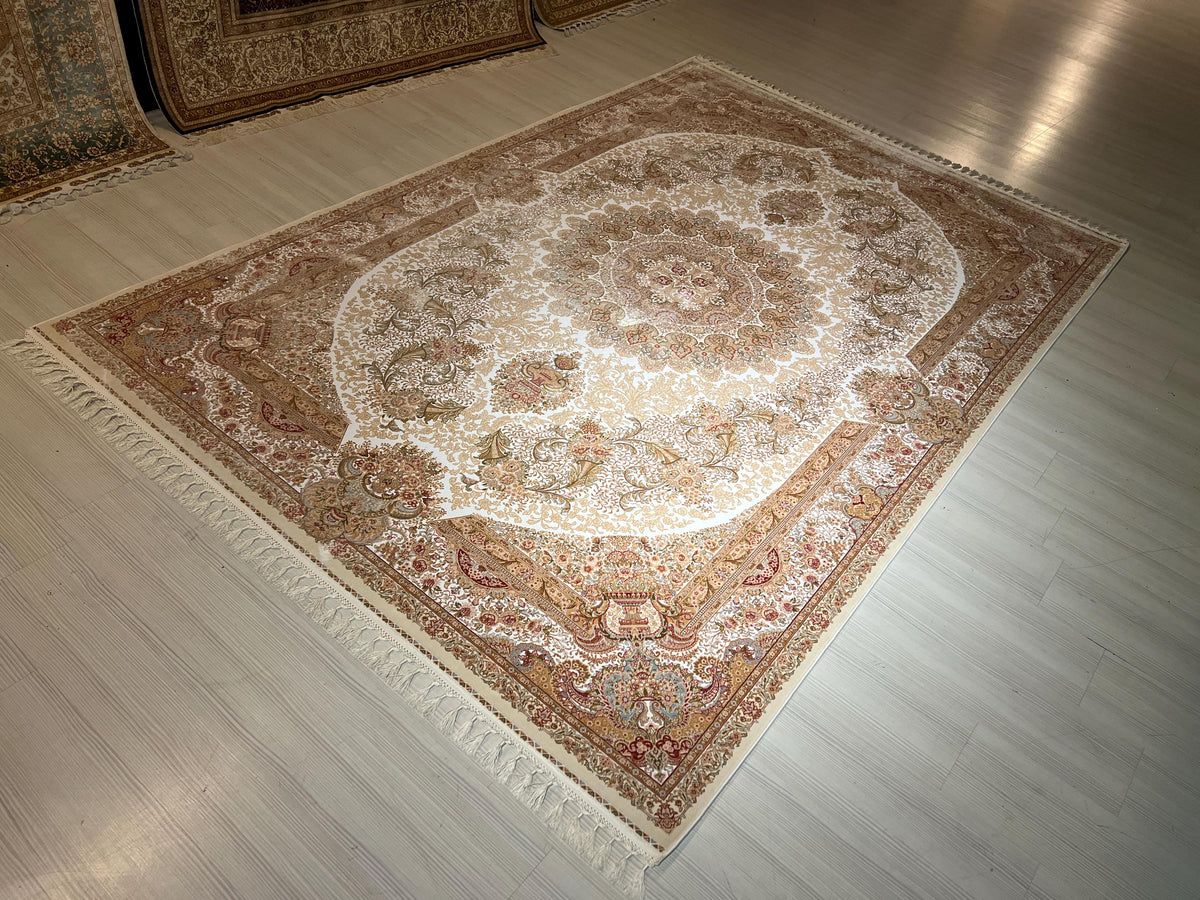8x11 ft Ivory Floral Modal Silk Rug, Turkish Area Rug, Luxury Living Room Carpet