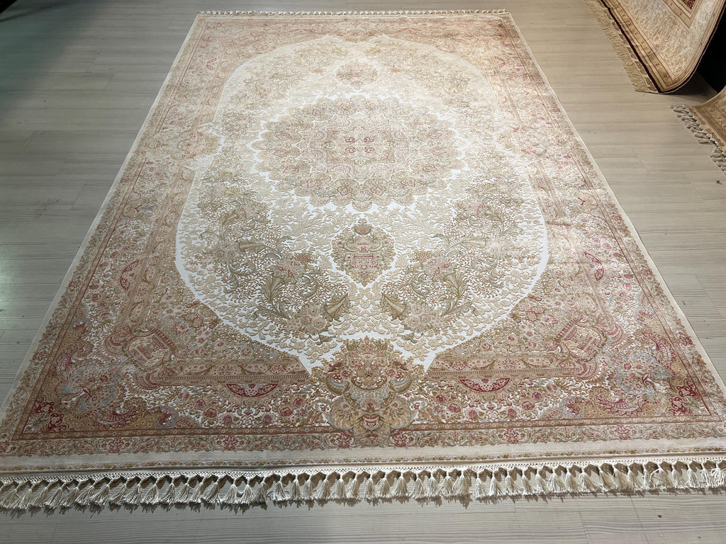 8x11 ft Ivory Floral Modal Silk Rug, Turkish Area Rug, Luxury Living Room Carpet