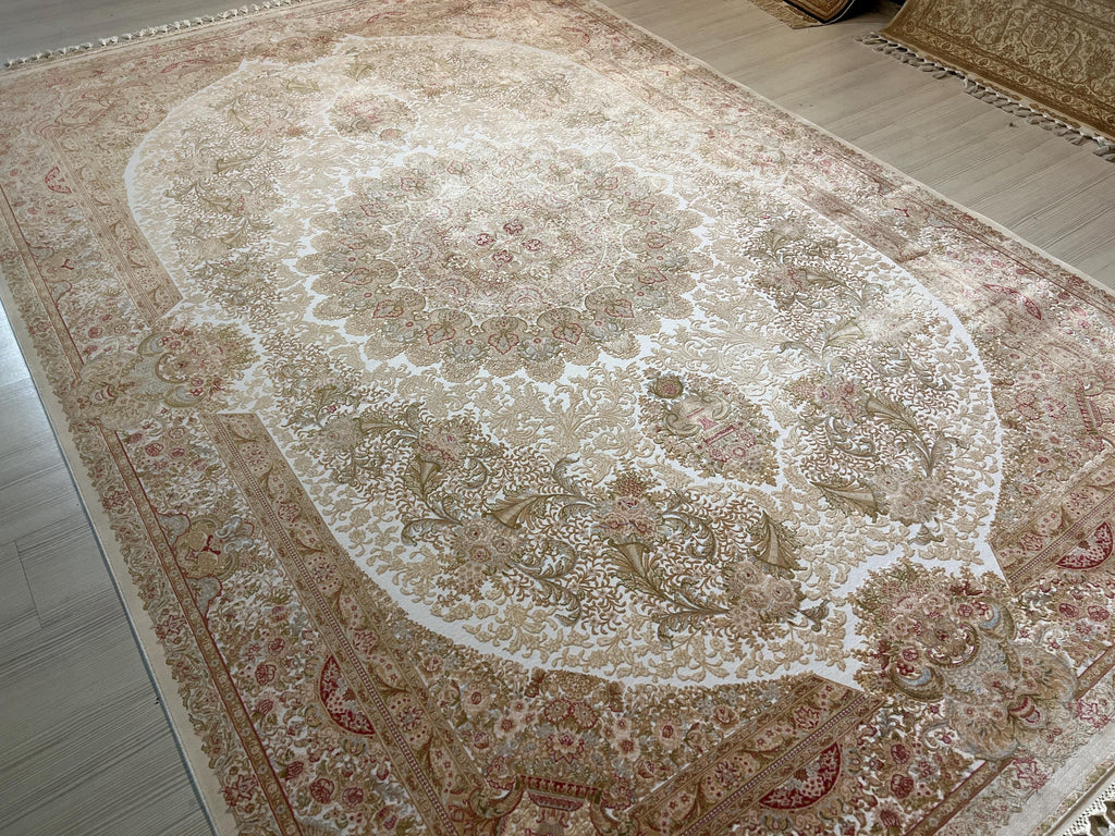 8x11 ft Ivory Floral Modal Silk Rug, Turkish Area Rug, Luxury Living Room Carpet