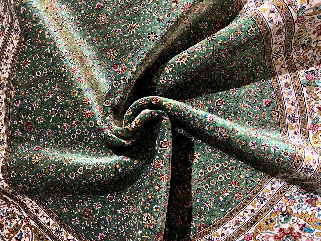 5x5 ft Round Turkish Rug, Green Modal Silk Carpet, Floral Medallion Rug