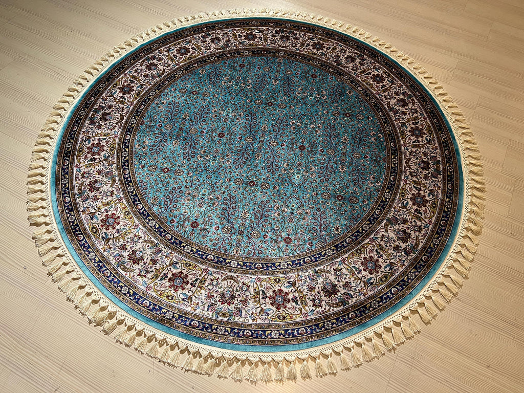 5x5 ft Round Blue Floral Modal Silk Rug, Turkish Circle Area Rug, Elegant Home Decor