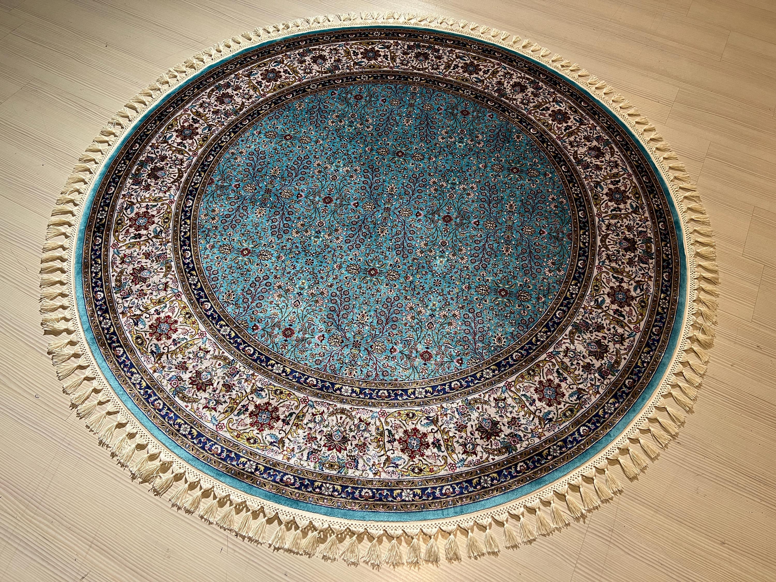 5x5 ft Round Blue Floral Modal Silk Rug, Turkish Circle Area Rug, Elegant Home Decor