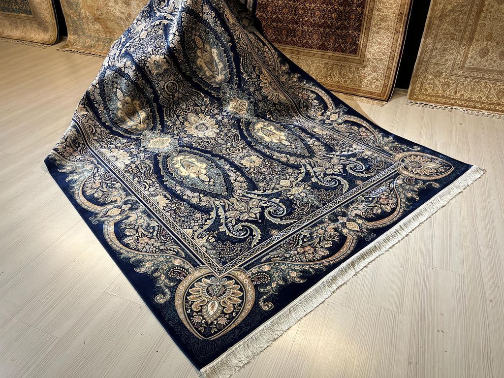 7x10 ft Modal Silk Paisley Floral Rug, Navy Blue Traditional Living Room Carpet