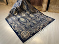 7x10 ft Modal Silk Paisley Floral Rug, Navy Blue Traditional Living Room Carpet