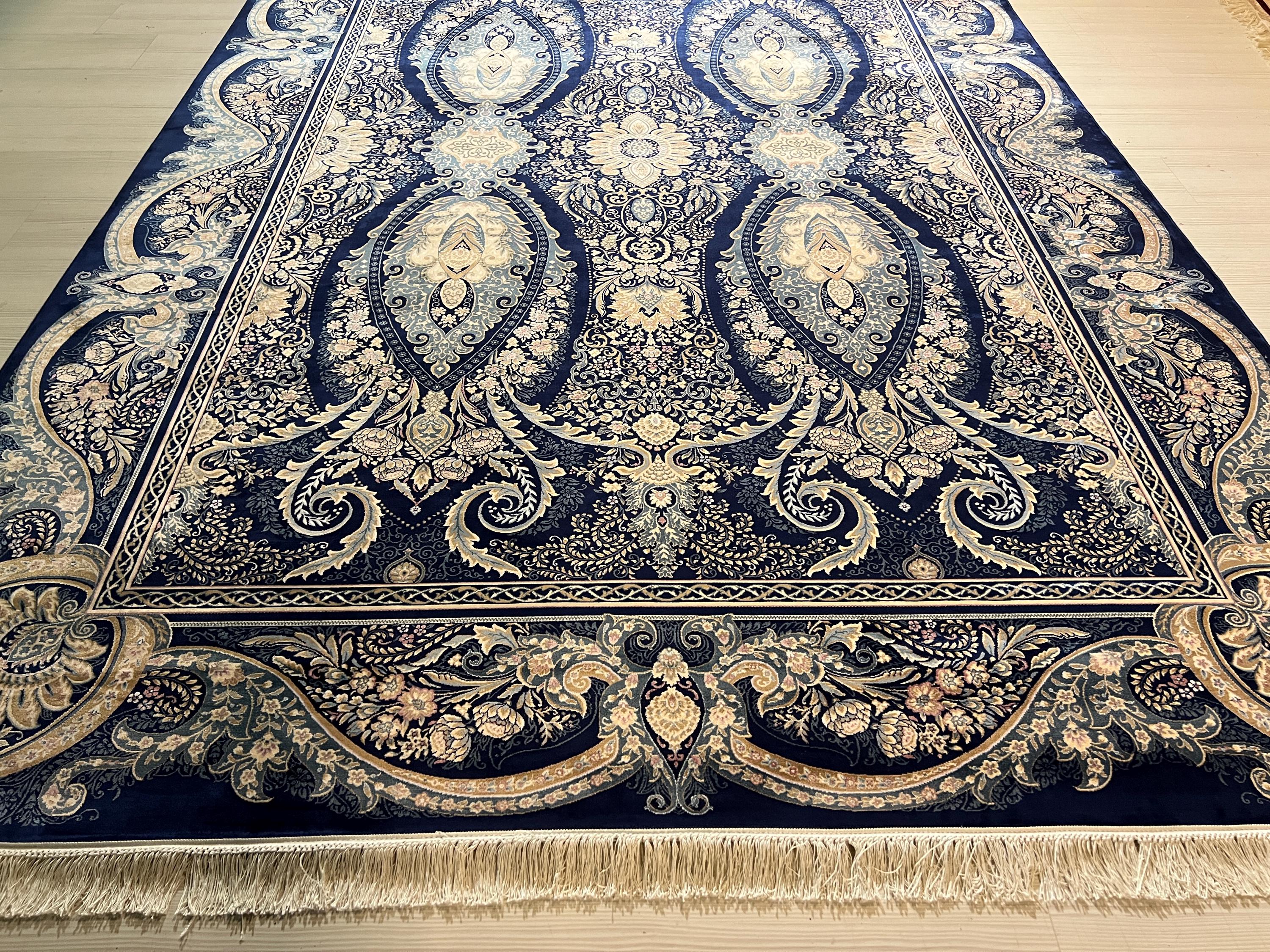 7x10 ft Modal Silk Paisley Floral Rug, Navy Blue Traditional Living Room Carpet