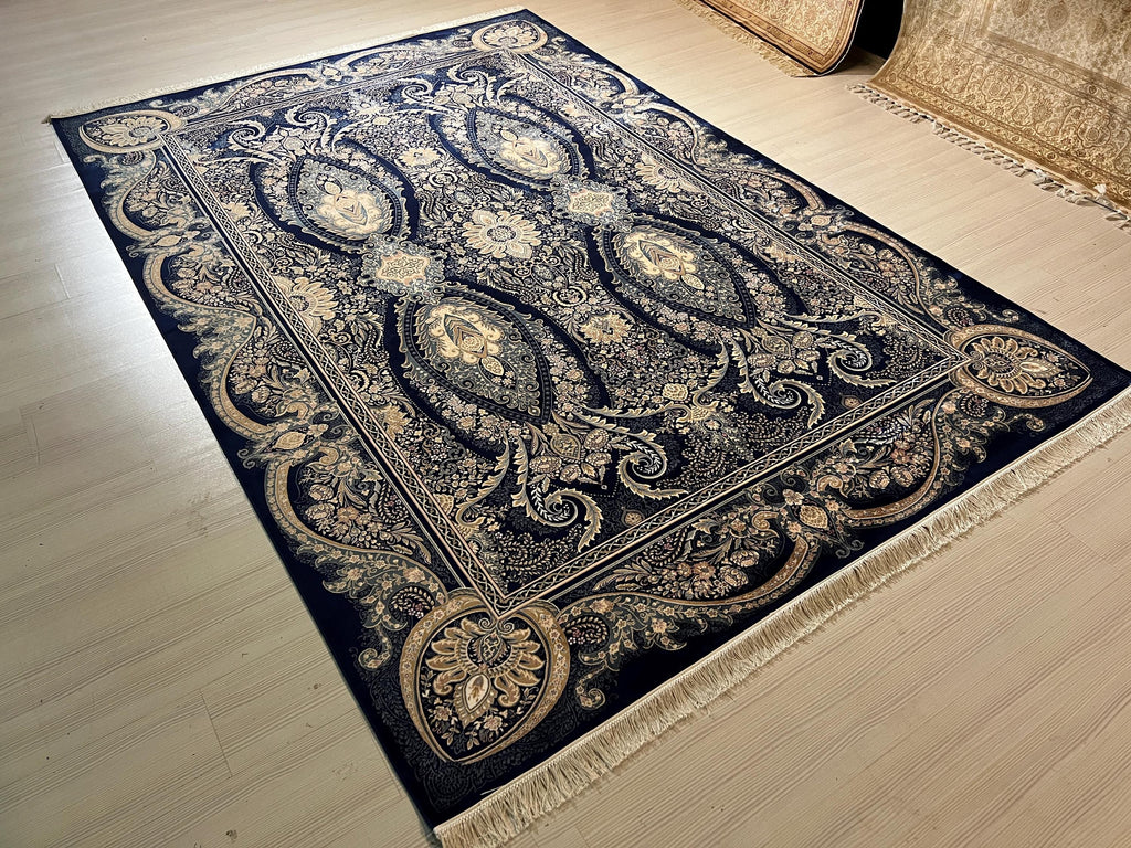 7x10 ft Modal Silk Paisley Floral Rug, Navy Blue Traditional Living Room Carpet
