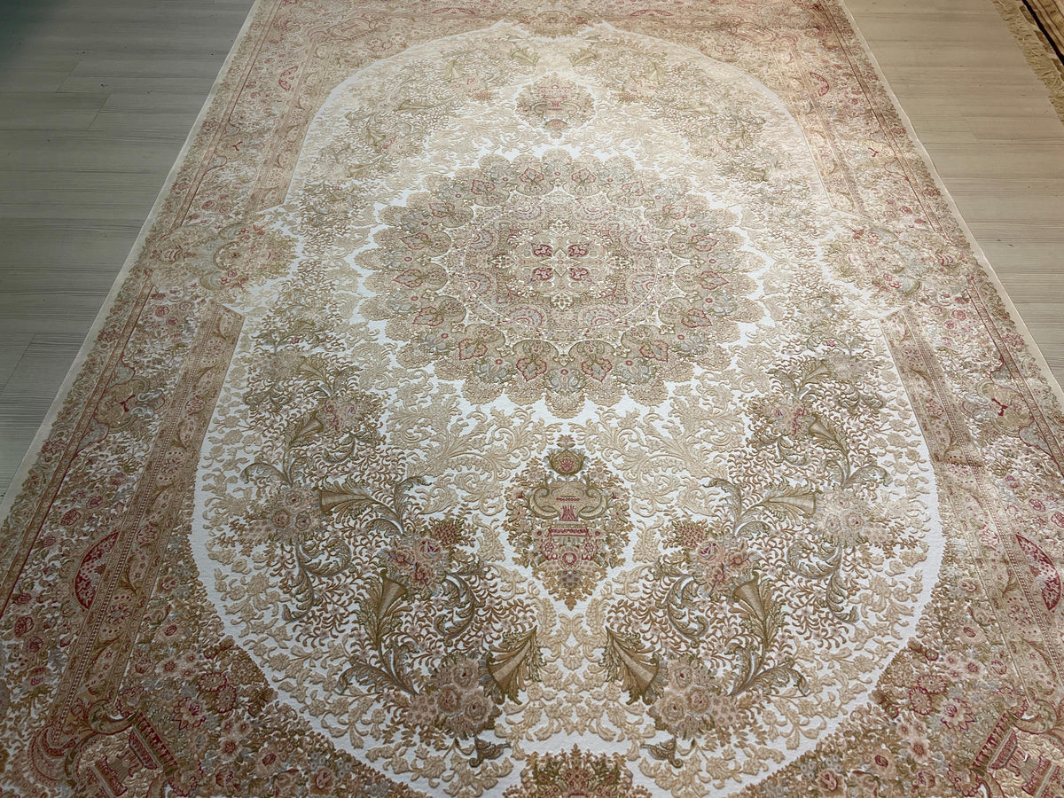 8x11 ft Ivory Floral Modal Silk Rug, Turkish Area Rug, Luxury Living Room Carpet